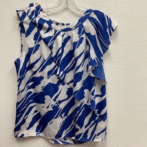 Michael Michael Kors Blue & White Abstract Print Ruffle Blouse Size 12